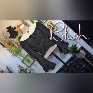 Blush Black Boho Ruffle Peplum Sleeve Crop Top LG